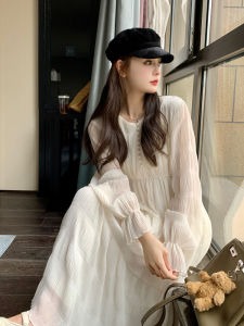 Chic French Style Sweet White Long Dress Spring Autumn New Style Slimming First Love Dress A-Line Silhouette V-Neck Midi Dress