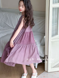 Princess Style Shoulder Bared Sleeveless Strap Long Dress for Girls Summer Beach Vacation Theme Clothing Daily Wear Childrens Skirt