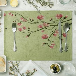1-Piece Floral Print Linen Placemat Heat-Resistant & Non-Slip Home Dining Table Placemat