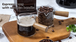 2 Pack Espresso Measuring Cups Glass Small Measuring Double Shot Glass with Wood Handle Clear Accessories Coffee Measuring Cup with V-Shaped Mouth Milk Pitcher