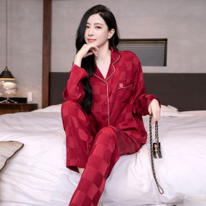 LEZIMENG | Bộ Đồ Ngủ Cặp Đôi Dài Tay Màu Đỏ Pha Lụa Cho Cô Dâu Chú Rể