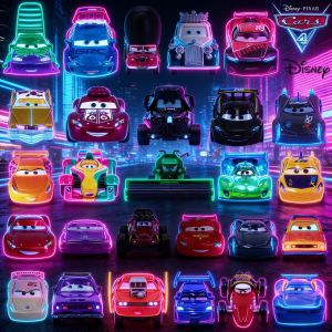 52TOYS | HOT Pixar Cars Neon Cyberpunk Collection Full Set Lightning McQueen 1:1 Replica Die-Cast Car Toys For Christmas Birthday Gifts
