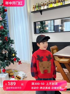 Okaidi Childrens Clothing Winter Boys Christmas Red Knitted round Neck Sweater Childrens Cartoon Inner Bottoming Top Tide
