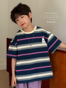 Cute Boys Striped Cotton T-Shirt Short Sleeve Summer Fashionable Kids Clothing Thin Body Shirt Casual Loose Fit round Neck