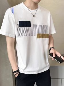 ROMON | Lomond Pure Cotton Short Sleeve T-Shirt Mens Summer Thin Ice Silk Breathable Round Neck Splice Color Casual Loose Top Trendy