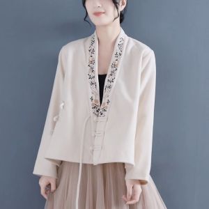 เสื้อคาร์ดิแกนคอวีแขนยาวผ้าขนสัตว์สไตล์จีน ทรงหลวม ฤดูใบไม้ร่วง/ฤดูหนาว เสื้อผ้าทำงานสไตล์จีน แฟชั่นผู้หญิง