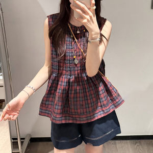 Shalldoer | French Vintage Plaid Color Block Sleeveless Loose Womens Shirt Summer New Sweet Youthful Belly Covering Top Casual Style