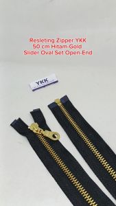 Resleting Zipper YKK 50 cm Atau 20 inch Type Gigi Besi Hitam Gold Slider Oval Set Open End Harga Per Biji