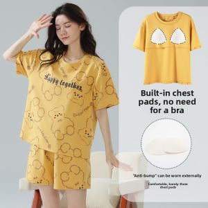 MiiOW | Catwoman Sleepwear Womens Summer Thin Short Sleeve Shorts Integrated Chest Pad Home Clothes Set Sweet Cute Style Cotton Breathable