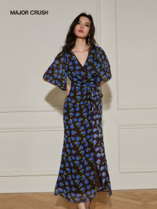 Elegant French Vintage Design Blue Rose Print Maxi Dress