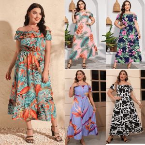 ชุดเดรสฤดูร้อนปิดไหล่หรูหราสําหรับผู้หญิงที่มีแขนใบบัวเอวสูงกระโปรงชิ้นเดียวยาว