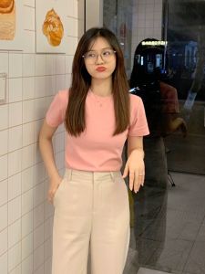 Sweet Short Sleeve Cotton T-Shirt Womens Slim Fit round Neck Pure Color Commute Style Summer Top Ins Popular New 2024