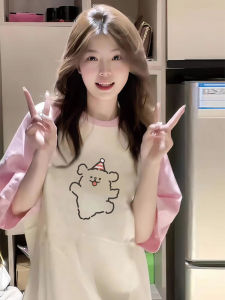 เสื้อยืดแขนสั้นผู้หญิงฤดูร้อน สีชมพู หลวม คอตตอนแท้ ครึ่งแขน เสื้อผ้าทำงานสไตล์เกาหลี ลายตัวอักษร ลายการ์ตูน