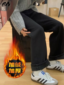 Black Fleece Lined Thickened Straight Leg Jeans Womens Winter Casual High Waist Pocket Detail Wear Resistant Deep Color