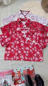 เสื้อครอป รุ่น ตรุษจีน คอจีน สไตล์สาวอวบ ลายดอกไม้ 2025 อก40++ สีแดง สีครีม Women ผู้หญิง Clothing