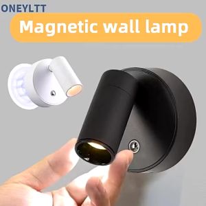 โคมไฟติดผนัง LED แบบชาร์จไฟสัมผัสไฟกลางคืนไร้สายแม่เหล็กสปอตไลท์ 360 °หมุนห้องนอนข้างเตียงอ่านหนังสือ