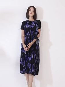 40694 One Size (45-75kg) WomenS Summer Printed Loose Slimming Short Sleeve Waist-Controlled Lace-Up Pullover Pleated Dress