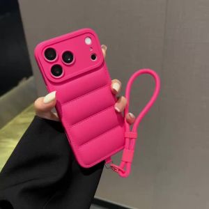 Soft Down Jacket Silicone Case For iPhone 17 16 15 14 13 12 11 Pro Max Plus Air Shockproof Camera Protection Wrist Strap Cover