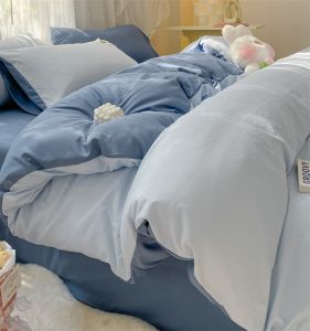 A-Class Washed Cotton Bedding Set Double Stitch Pure Color Duvet Cover Big Eye Pillowcase Skin-friendly Naked Sleep Student Dormitory 3-piece Set