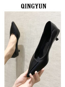 Elegant Leather High Heels Womens Thin Heel Work Shoes Spring Black Pointed Toe Casual Soft Leather Footwear Professional mid Heel
