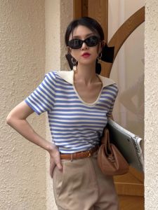 ฝรั่งเศส ลายทาง สีตัดกันถักแขนสั้น สลิมฟิต เสื้อโปโลผู้หญิง ฤดูร้อน เสื้อยืดไหล่แจ๊กเก็ตเสื้อยืดบาง