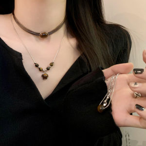 2 Pcs/set Retro Leather Tiger Eye Stone Necklace for Women Chinese Style Stacked Choker Temperament Clavicle Chain Fashion Jewelry Accessories Couple Jewelry