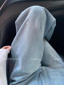 Quần Jeans Ống Thẳng Màu Xanh Nhạt Cho Nữ Xuân 2025 Quần Ống Rộng Ôm Dáng Thường Ngày Quần Jeans Denim Cạp Cao