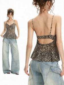 EVPGB | Vintage Leopard V-Neck Lace Slim Fit Backless Short Top
