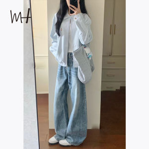 Retro American Light Blue Heavy Washed Low Waist Wide Leg Jeans Womens Autumn New Style Loose Fit Denim Pants Casual Wear