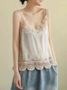 เสื้อกล้ามผ้าฝ้ายลายลูกไม้สไตล์ย้อนยุคสำหรับฤดูร้อน เสื้อครอปสายเดี่ยวบาง แขนกุด ใส่ได้ทั้งในและนอก แฟชั่น