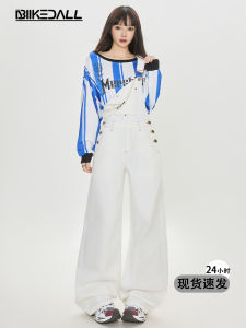 American Style Loose Casual White Denim Overalls Womens Fashion Straight Leg Wide Pants Autumn New Arrival Anti-Aging