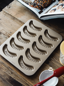 10-Cavityกล้วยรูปเบเกอรี่แม่พิมพ์ทองถาดขนมปังMadeleineบ้านใช้แม่พิมพ์เหล็กคาร์บอนเบเกอรี่เครื่องมือยุโรปสไตล์ < Ne1> องค์ประกอบ