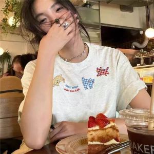 White Cotton Short Sleeve T-Shirt Womens Summer Oversize Loose Fit American Design Sense Top Korean Style round Neck