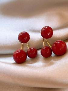 925 Silver Needle Pearl Earrings Cherry Red Elegant High-End Unique Womens New Style Front And Back Design Autumn Winter Jewelry