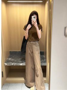 กางเกงยีนส์ทรงหลวมขากว้างทรงตรงสีกรมท่าแฟชั่นฤดูใบไม้ร่วง/ฤดูหนาวสำหรับผู้หญิง กางเกงขายาวทรงหลวมสบาย ๆ ทรงหลวม สไตล์ลำลอง