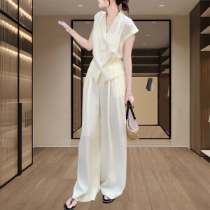 Shalldoer | Fashionable Ageless Womens Summer Outfit Set Pure Color Sleeveless Shirt Wide Leg Pants Two Piece Casual French Style Ensemble