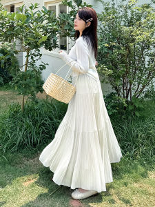 White Large Size Fairy Half Skirt Womens Summer New Pleated Long Skirt High Waist Gentle Wind A-Line Skirt Polyester Fiber