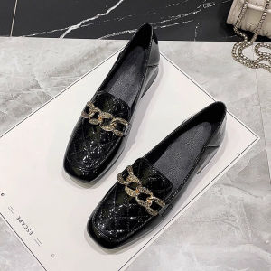 WANGGONGZHU | Glossy Patent Leather Low Heel Loafers Spring 2025 New Style Korean Fashion Princess Footwear Square Head Anti-Slip Rubber Sole