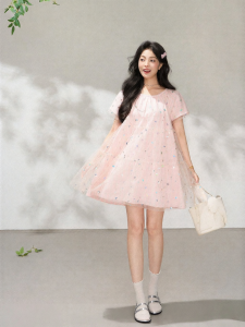 KEIKO | Glitter Star Mesh Panel A-Line Princess Dress Pink