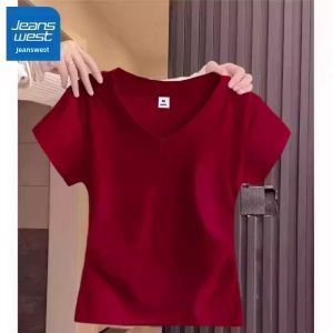 Jeanswest | Slimming Wine Red V-Neck Short Sleeve Cotton Womens Top