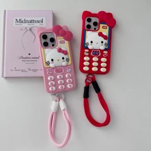 Sanrio | Cartoon Telephone Hello Kitty Phone Case for iPhone 17 16 15 14 13 Pro Max Plus 17 Pro Anime Silicone Back Cover with Lanyard