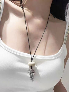 Korean Style Silver Grape Cluster Pendant Tassel Leather Rope Long Necklace Womens Unique Design Sweater Chain Accessory