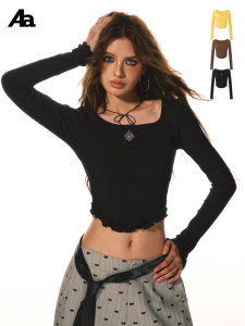 Áo Thun Dệt Kim Ôm Vừa Vặn ACME AURA Dành Cho Nữ Mùa Thu Đông Thiết Kế Giả Hai Mảnh Áo Ngắn Gợi Cảm Áo Thun Dài Tay Thường Ngày