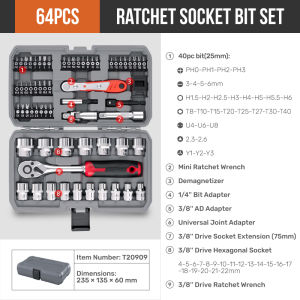 Hi-Spec | 62-Piece 3/8" Drive Mechanic Socket Set Metric & SAE CR-V Steel Auto Repair Tool Kit with Quick-Release Ratchet & Storage Case