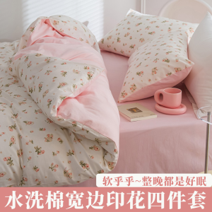 New Washed Cotton Wide Edge Printed Four-Piece Set High Density Skin-Friendly Bedding Home Use Four Seasons Universal Soft
