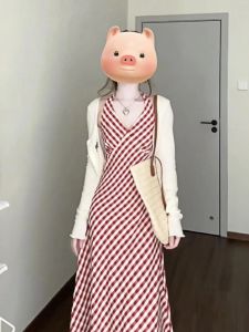 ชุดเดรสยาวคอวีแขนกุดลายสก็อตสไตล์วินเทจสำหรับผู้หญิง ชุดว่ายน้ำชายหาดฤดูร้อน ชุดเดรสยาวปานกลาง ชุดเดรสยาวปานกลาง