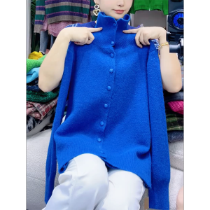 QINGNAER | Minimalist Blue High Neck Sweater Fashionable