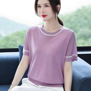 WANGGONGZHU | Elegant Ice Silk Short Sleeve T-Shirt For Middle-Aged And Elderly Women Summer Fashionable Design Korean Style Loose Fit Top