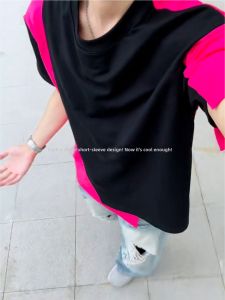 ZHUOCAN | Dopamine Black Pink Contrast Irregular Design T-Shirt
