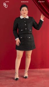 Set tweed áo phối trắng + Chân váy dáng A BIGSIZE (55kg đến 95kg) - 23SBD18 - [BUstu Bigsize]